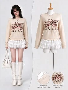 Elamini Women's Autumn/Winter Solid Color Bow & Double Deer Jacquard Loose Slouchy Retro Sweet Long Sleeve Sweater Top - Khaki - View 1