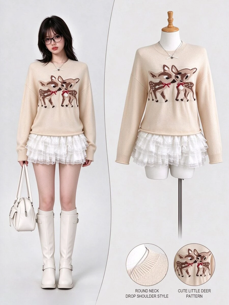 Elamini Women's Autumn/Winter Solid Color Bow & Double Deer Jacquard Loose Slouchy Retro Sweet Long Sleeve Sweater Top - Khaki - View 1