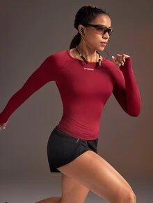 Powerista Letter Print Long Sleeve Sports T-Shirt Yoga Fitness - Burgundy - View 7