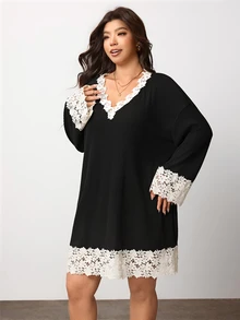 Enliva Plus Size Contrast Lace Trim V Neck Knit Mini Dress Compatible With Apple Body Round Body - Black - View 6