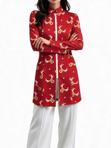 PopScrub Red Christmas Cartoon Reindeer & Star Print Fashion Stand Collar Long Sleeve Long Scrub Jacket, Double Pocket Patchwork Zipper Nurse Scrub Uniform Top, Professional Scrub Uniform Jacket, Suitable For Hospital And Various Clinic Workwear - Multicolor - View 4