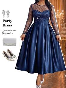 Fleurora Plus Size Women's Patchwork Sequin Mesh Round Neck Long Sleeve Elegant Dress - Navy Blue - View 8