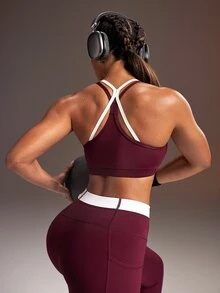 Powerista Áo ngực thể thao nữ phối màu phong cách thường ngày thoải mái - Màu Đỏ Sâu - Xem 5