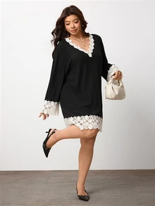 Enliva Plus Size Contrast Lace Trim V Neck Knit Mini Dress Compatible With Apple Body Round Body - Black - View 3