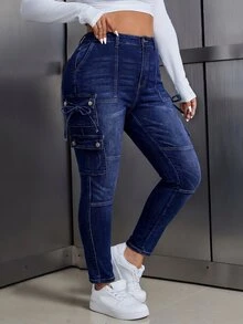 SHEIN ICON 大尺碼女款口袋鈕扣打結休閒百搭日常穿著牛仔褲 - 藍色 - 查看 3