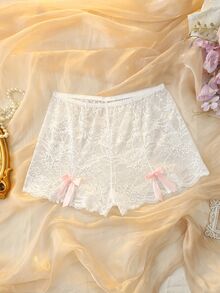 DelicateAllure White Lace Patchwork Split Bow Sweet Cute Plus Size Panties - White - View 1