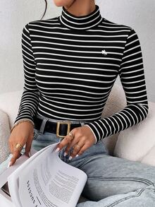 SHEIN Frenchy 94%棉 黑白條紋女款休閒高領修身長袖T恤，適合秋冬疊穿 - 彩色 - 查看 5
