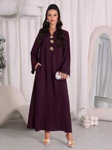 Al Najma 女款土耳其長洋裝與阿拉伯傳統阿巴雅棕色洋裝，杜拜奢華巧克力棕現代卡夫坦洋裝 - 藕粉色 - 查看 5