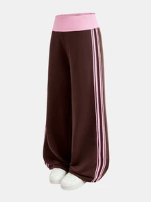 SHEIN 青少年女孩秋冬咖啡棕與粉色拼色腰帶街頭風休閒長褲套裝（適合派對、返校與日常穿著），Y2K風格白色羅紋針織上衣搭配法式灰色喇叭褲 - 彩色 - 查看 6