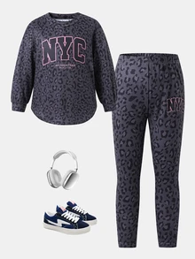 Young Girl Letter Leopard Kids Print Long Sleeve T-Shirt And Leggings Casual Set - Multicolor - View 1
