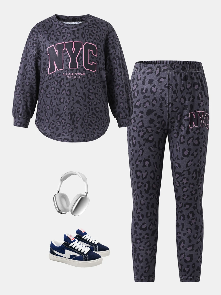 Young Girl Letter Leopard Kids Print Long Sleeve T-Shirt And Leggings Casual Set - Multicolor - View 1