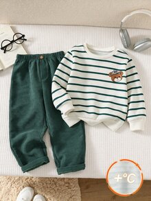 SHEIN 幼童男孩保暖內裡綠色條紋熊圖案運動衫與綠色燈芯絨長褲2件套，秋冬經典學院風上學日常穿搭 - 彩色 - 查看 7
