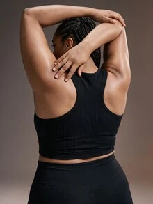 Powerista Plus Size Seamless Ribbed Tank Top Women Racerback Open Back Breathable Workout Yoga Vest Fall Black - Black - View 4