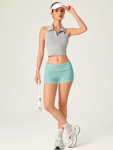 SHEIN BASICS 女款休閒基礎保守版寬鬆運動休閒風素色羅紋針織短褲，夏季健身房運動白色運動健身皮拉提斯 - 薄荷綠 - 查看 6