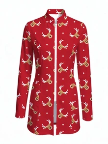 PopScrub Red Christmas Cartoon Reindeer & Star Print Fashion Stand Collar Long Sleeve Long Scrub Jacket, Double Pocket Patchwork Zipper Nurse Scrub Uniform Top, Professional Scrub Uniform Jacket, Suitable For Hospital And Various Clinic Workwear - Multicolor - View 1