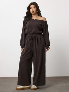 Enliva Plus Size One Shoulder Wide Leg Jumpsuit With Elastic Waist Compatible With Apple Body Round Body - Brown - View 3