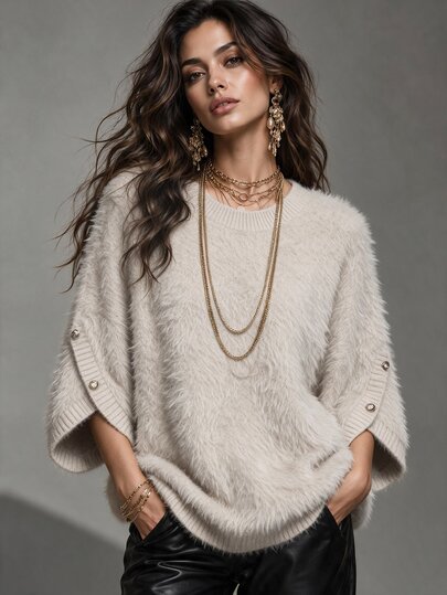 Omancia Women's Fashionable Fuzzy Button Sweater, Comfortable