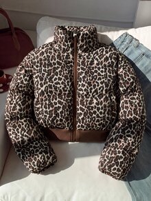 SHEIN Tween Girl Tween Girls Brown Polka Dot Oversized Cropped Stand Collar Puffer Padded Winter Coat - Coffee Brown - View 9