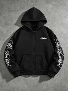 SHEIN Coolqubz 1件青少年男孩連帽街頭風運動風開襟運動衫外套，大印花圖案設計，適合運動與街頭穿搭，亦適用多種場合，秋季新品 - 黑色 - 查看 1
