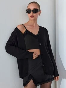 SHEIN Casual kofta för dam i petite storlek, enfärgad svart, med knäppning fram och detaljer, nedsläppt axel - Svart - Visa 7
