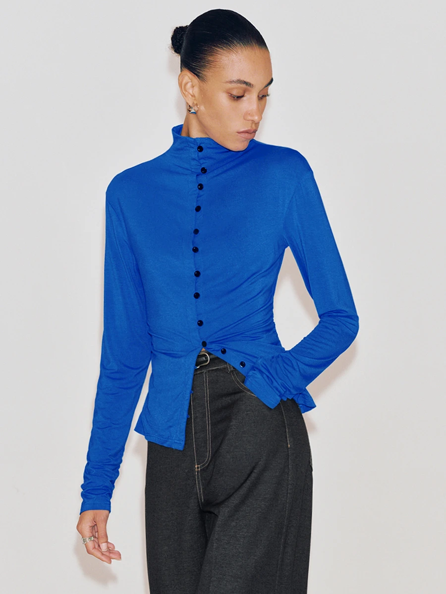 Anewsta Essential Elegant Blue Women's Knitted Rayon Slim Fit Button-Down Cardigan Top For Daily Commute In Autumn - Blue - View 1