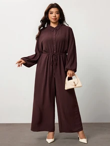 Enliva Plus Size Collared Drawstring Waist Wide Leg Jumpsuit Apple Homewear Going Out Corset Retro - Brown - View 4