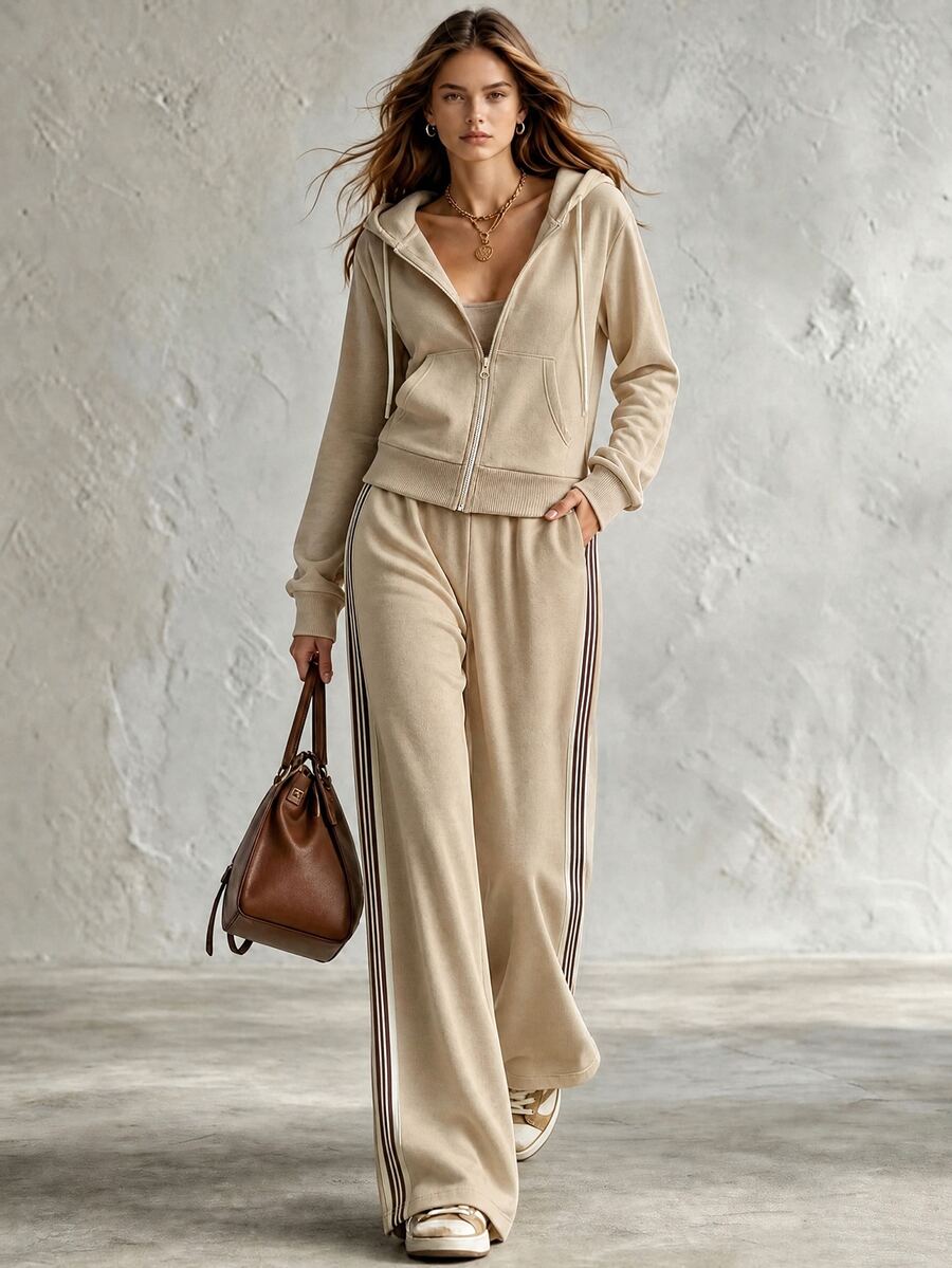 Trelyra Bộ áo hoodie kéo khóa và quần nỉ thể thao phong cách thời trang cá tính, thoải mái cho nữ đi du lịch - Màu Khaki - Xem 1