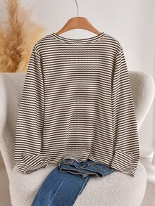 CosyJoli Plus Size Women's Casual Colorblock Striped Cotton T-Shirt, White Top, Button, Metal Buckle, Suitable For Autumn Formal Occasions And Office Wear. - Multicolor - View 2