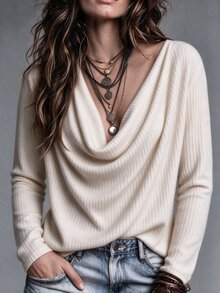 Linhara CURVE Plus Size Women's Solid Color Cowl Neck Casual Daily T-Shirt - Apricot - View 3