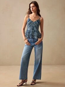 Willow Rêve Women's Burgundy And Gold Bohemian Style Boho Printed V-Neck Camisole Top With Ruffle Hem, Valentine's Day Style, Dinner Date Vacation Summer - Blue - View 4