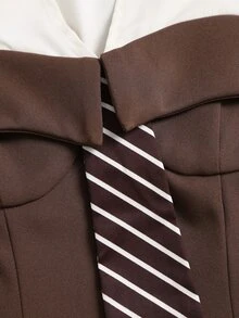 Sweetra Colorblock Long Sleeve 2 In 1 Bandeau Blouse & Loose Straight Leg Pants, Elegant Commute Office Women's Suit Two Pieces Set, Spring/Autumn - Brown - View 7