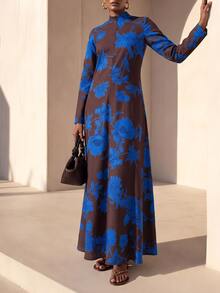 Zivah New Elegant Women's New Chinese Style Plant Contrast Print Fabric Front Zipper Design Long Sleeve Structured Dress - Multicolor - View 5