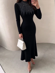 Graceveil Women's Rhinestone Embellished Stand Collar Long Sleeve Mermaid Hem Fitted Elegant Knit Dress - Black - View 3