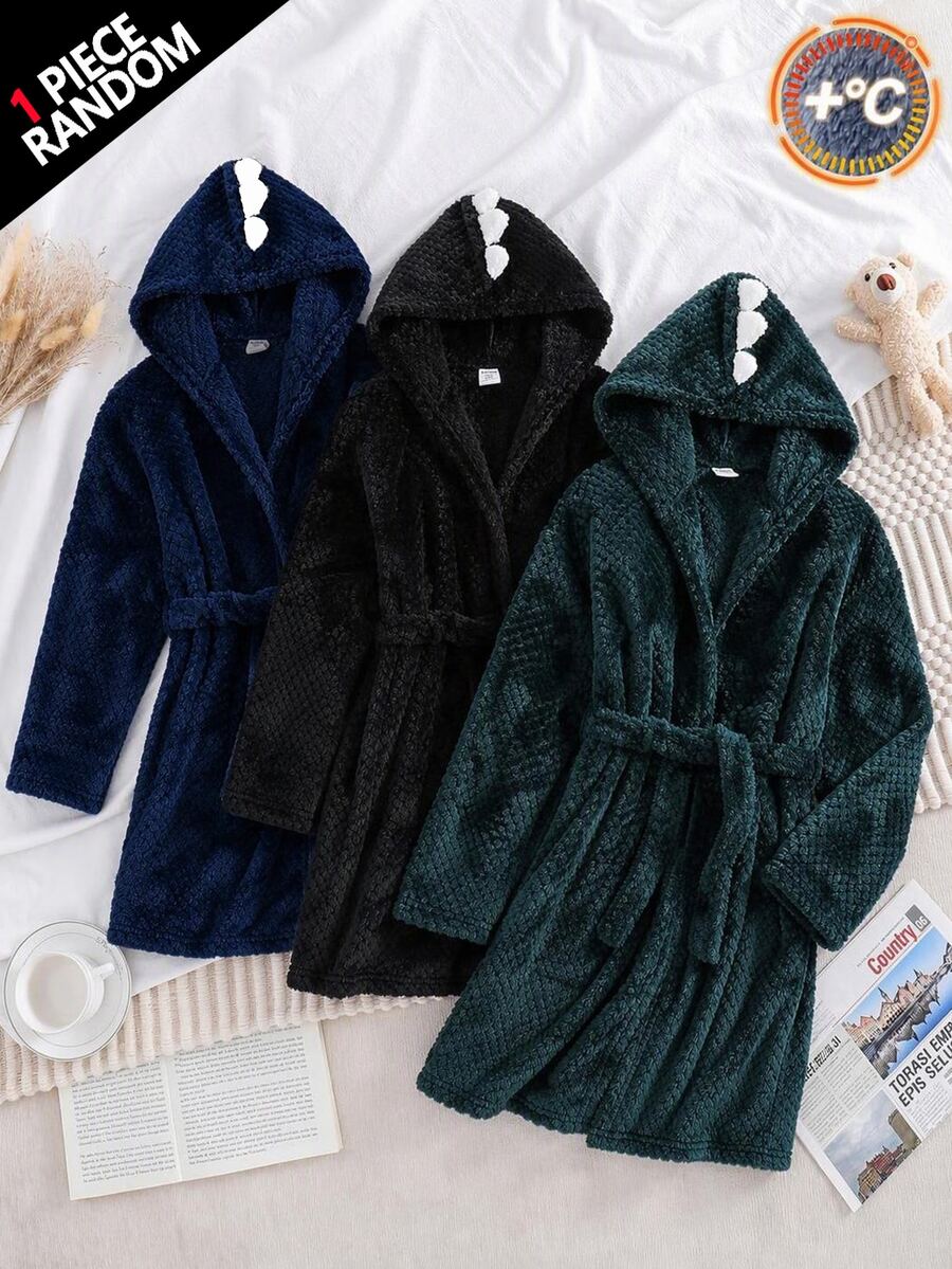 SHEIN Tween Boy Plush Vintage Long Sleeve Hooded Robe Loungewear - Blue - View 1