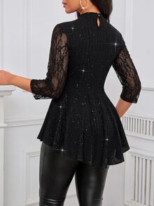 SHEIN Lady Women's Contrast Lace 3/4 Sleeve Shiny Fashion Elegant Top - Black and Gold - View 2