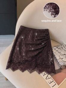 Muvela Women's Sequin Lace Skirt - Brown - View 3