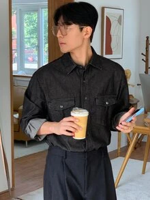 DAZY Spring/Autumn Black Original Color Denim Washed Distressed Shirt Jacket For Men - Black - View 5