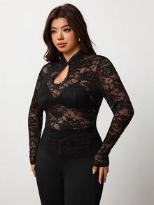 Enliva Plus Size Women's Black Long-Sleeved Top With Stand Collar And Lace Hourglass - Black - View 5