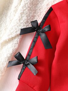 SHEIN 2件組女嬰幼兒女童衛衣長褲套裝，甜美紅黑配色，3D蝴蝶結，長袖圓領，常規款冬季嬰兒套裝 - 紅色 - 查看 5