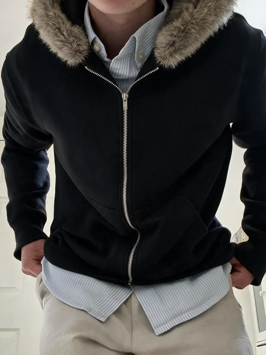 SHEIN 青少年男孩拉鍊人造毛拼接連帽秋季運動衫