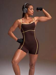Powerista Women's Autumn Navy Criss Cross Open Back Contrast Stitching Sports Jumpsuit Short Leg Design Active Wear Gym Workout Athletic Modest - Brown - View 8