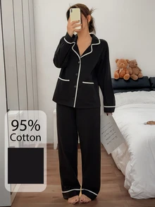 Dream Adore Casual Colorblock Patchwork Lapel Cardigan 95% High Cotton Content Comfortable Pajama Set - Black - View 5