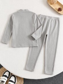 SHEIN 兒童 2 件組 青少年男孩休閒配色保暖領長袖上衣與長褲內衣套裝，適合秋冬穿著 - 灰色 - 查看 2