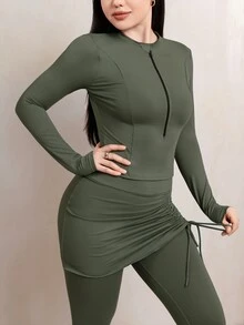 Veilorie Women's Zip-Up Long Sleeve Top And Drawstring Skort Sports Set - Army Green - View 5