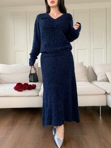 Feyla Women's 2pcs Bow Decor Knitted Set, Round V-Neck Long Sleeve Loose Sweater & High Waist Long Skirt - Blue - View 5