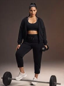 Powerista Women's Plus Size Solid Color Casual Versatile Daily Wear Hooded Sports Jacket - Black - View 3