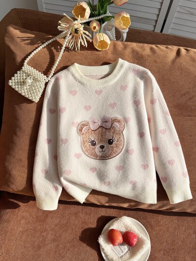 SHEIN Autumn Sweater 1pc Girls Toddler Long Sleeve Top Sweater Casual Minimalist Holiday Christmas Sweet Print Comfortable Suitable For Autumn/Winter Clothing Loose Fit Casual Sweater Outfit, Campus Activity Casual Autumn/Winter Outfit, Holiday Winter Outdoor Outfit, Christmas Outfit Matching, Fashion Versatile, Soft Comfortable Sweater Girls Toddler Sweater