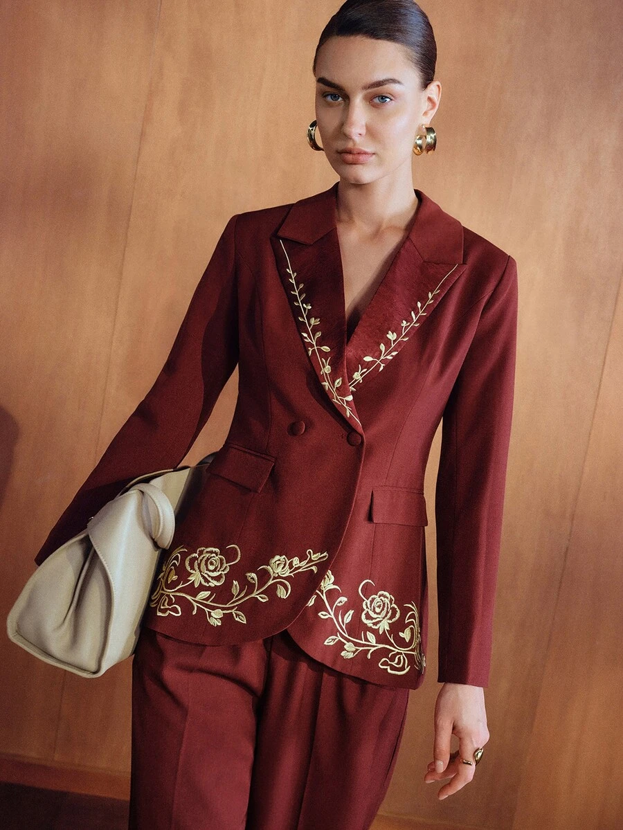 MOTF PREMIUM WOMEN'S FLORAL EMBROIDERED LAPEL NECK LONG SLEEVE ELEGANT BLAZER - Coffee Brown - View 2