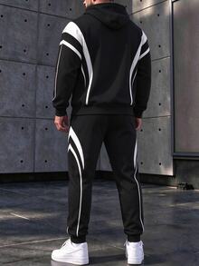 Manfinity Homme 男士 NY 字母圖案拼色連帽衛衣與慢跑褲套裝，寬鬆版型聚酯纖維運動服，適合秋季街頭穿搭 - 彩色 - 查看 2