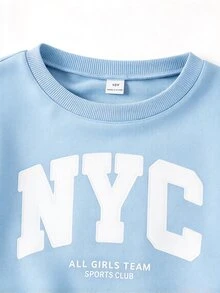 SHEIN Tween女孩美式字母印花衛衣與寬腿褲2件套，寬鬆圓領長袖上衣＋垂墜直筒褲，柔軟針織面料，春秋休閒灰色運動服 - 藍色 - 查看 4